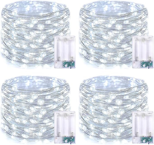 JMEXSUSS 4 Pack 50 LED White Christmas Fairy Lights Battery Operated - 16.1ft Mini Twinkle Lights Indoor Outdoor Waterproof for Dorm Garden Patio Party Wedding Birthday Holiday Decorations