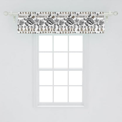 Ambesonne Modern Window Valance, Coffee Beans with Ornamental Words Ethiopians Pattern, Curtain Valance for Kitchen Bedroom Decor with Rod Pocket, 54" X 12", Sand Brown Black