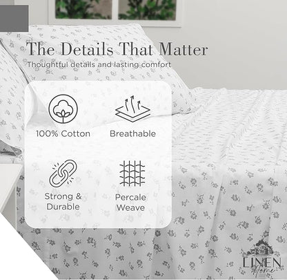 Linen Home 100% Cotton Printed Percale Sheets California King Size, Deep Pocket, 4 Pieces Set - 1 Flat, 1 Deep Pocket Fitted Sheet and 2 Pillowcases, Crisp Cool Bed Linen, Grey Silhouette Floral