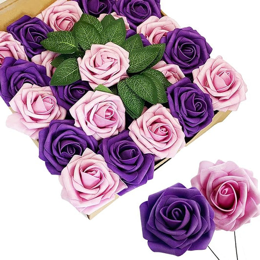 Purple Artificial Roses 50 PCS Flowers with Stem, Fake Rose Heads Bouquets for DIY Wedding Decorations Centerpieces Arrangements Party Home Garden Porch Window Decor