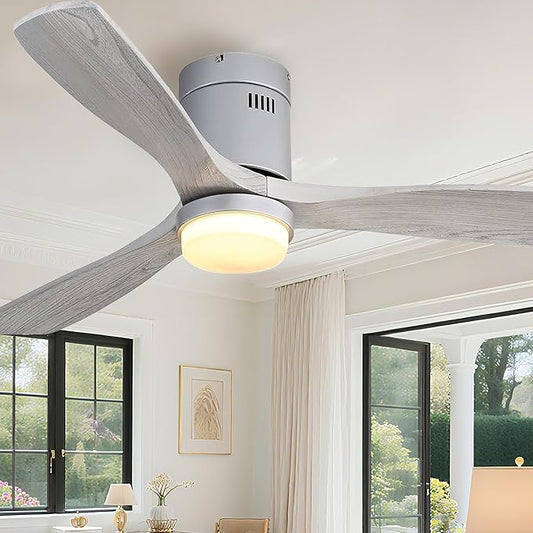 Sofucor Ceiling Fan with Lights 52 Inch Flush Mount Ceiling Fan with Remote Control, 3 Solid Wood Blades Modern Outdoor Ceiling Fans for Bedroom/Farmhouse/Patio/Indoor, Quiet DC Motor, Silver & Grey