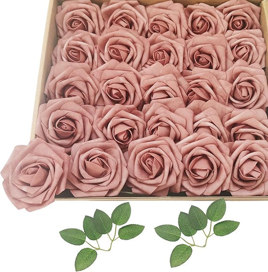 Artificial Rose Flowers 25pcs, Brown Foam Fake Rose Faux Flower for Wedding Bouquets Bridal Shower Centerpieces Floral Arrangements Home Decorations Party Backdrops Table