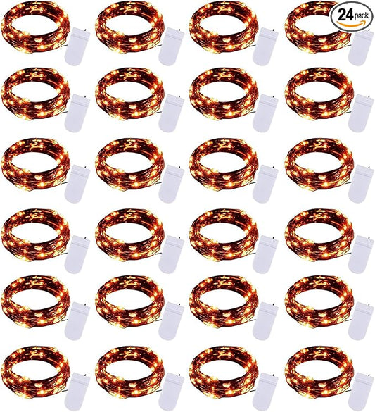 Brightown 24 Pack LED Fairy Lights Battery Operated String Lights Waterproof Silver Wire 7 Feet 20 LED Firefly Starry Moon Lights for DIY Wedding Party Bedroom Patio Christmas (Orange, 24 Pack)