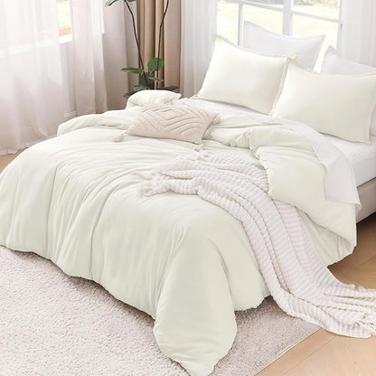 Litanika Ivory Comforter Set Full Size, 3 Pieces Lightweight Solid Bedding Comforter Set, All Season Fluffy Bed Set (79x90In Comforter & 2 Pillowcases)