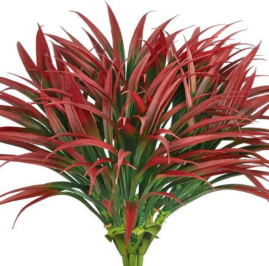 Ouddy Decor 20 Pcs Fake Outdoor Plants Artificial Grass Greenery Stems Faux Plastic Plants UV Resistant for Fall Indoor Outside Garden Hanging Planter Pathway Porch Patio Window Box Home Decor, Red