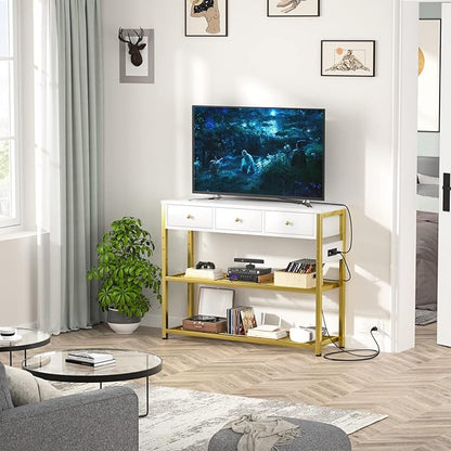 Ecoprsio 47'' Entryway Table with Outlets and USB Ports, Console Table with 3 Drawers, Sofa Table Narrow Long with Storage Shelves for Living Room, Couch, Hallway, Foyer, White and Golden