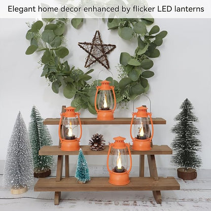 12-Pcs Orange Mini Lanterns Decorative for Halloween Thanksgiving, Fall Centerpiece for Table, Small Western Lantern with Flicker LED Candle for Cowboy Camping Christmas Wedding Decorations