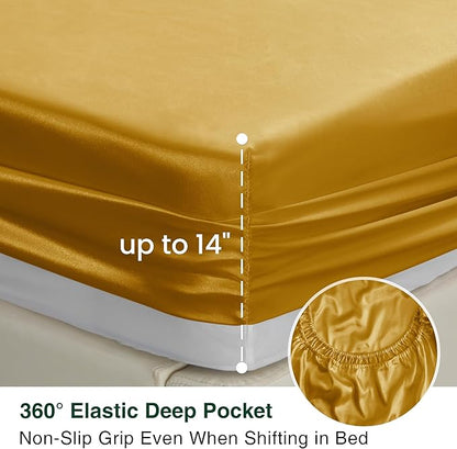 Love's cabin Satin Queen Sheets Set - 4 Piece Gold Silky Bed Sheets with Deep Pocket, Luxury Silk Feel Satin Queen Size Sheet Set (1 Flat Sheet,1 Fitted Sheet,2 Pillow Cases)