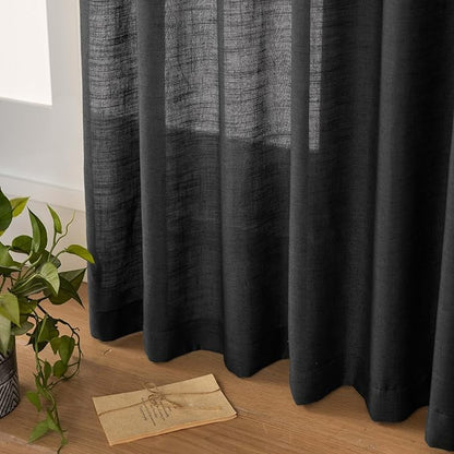 Black Linen Sheer Pinch Pleated Sliding Door Curtains, 2x50 Inches Width, Dark Moody Neutral Light Filtering Drapes 90 Inches Long, Textured Modern Farmhouse Window Curtain Panels