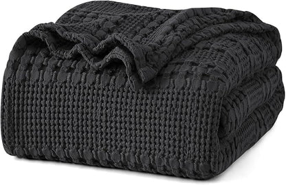 PHF 100% Cotton Waffle Weave Blanket Twin Size for Bed, Soft Lightweight & Breathable, All-Season Comfort, Luxury Aesthetic Woven Bedding for Home Decor, 66"x90", Black