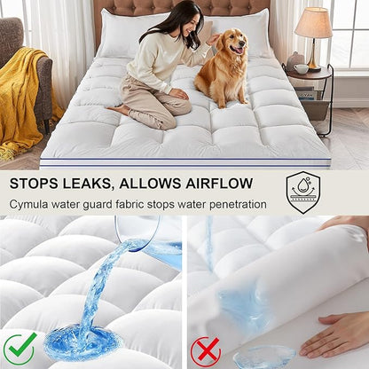 CYMULA California King Mattress Topper Waterproof, Cooling Pillow Top Mattress Topper, Extra Thick Cal King Mattress Pad Cover with 8-21Inch Pockets, Plush Down Alternative Fill Mattress Protector