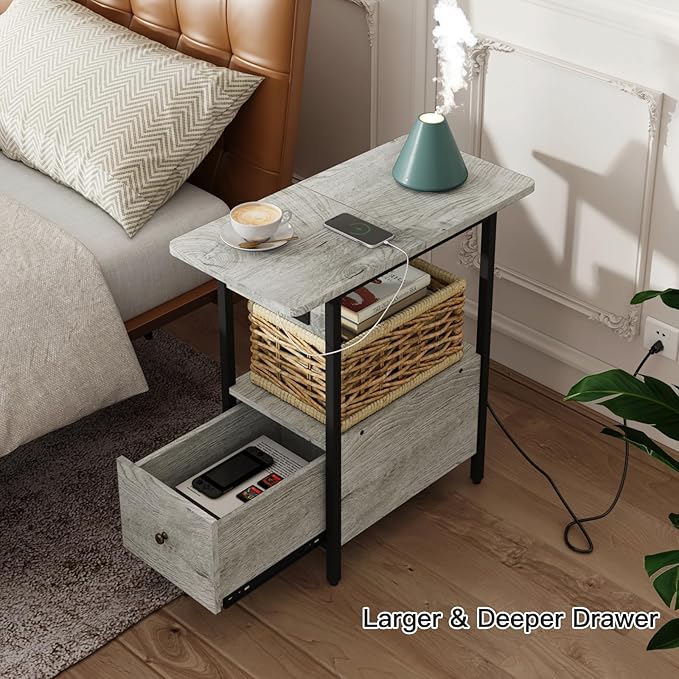 LIDYUK End Table with Charging Station, Narrow Side Table with Drawer and USB Ports & Power Outlets, Nightstand Bedside Tables for Small Spaces, Bedroom, Living Room, Light Grey, Set of 2