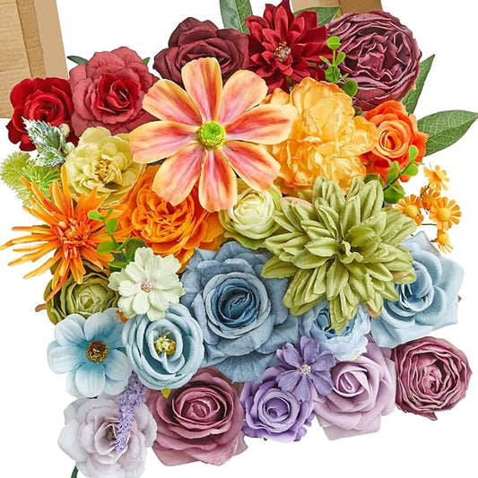 Alecono Artificial Flowers, Colorful Combo Silk Fake Flowers with Stems for DIY Wedding Bridal Bouquets, Floral Arrangement Home Cake Decor