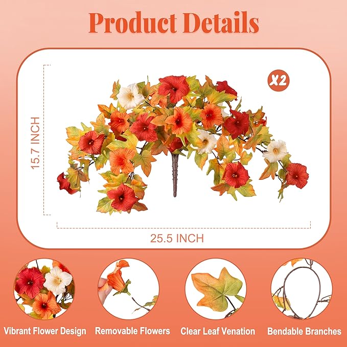 Artificial Fall Flowers Fake Petunias Plants for Outdoor Decoration, 2 Pcs Silk Faux Flowers UV Resistant No Fade Plants for Garden Balcony Yard Porch Realistic Indoor Decor (Orange White)