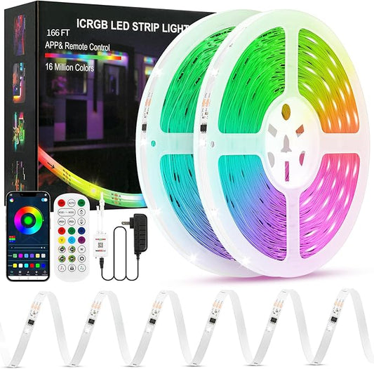 Led Lights for Bedroom IC+RGB Music Sync Color Changing Led Strip Lights with Remote App Control Led Strip, Led Lights for Room Home Kitchen Decor Party (166FT)