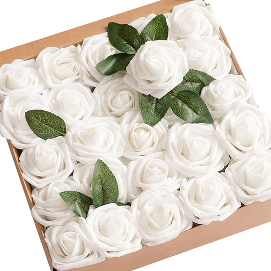 Ling's moment Artificial Flowers 50Pcs White Roses Decor w/Stems,3" Real Touch DIY Foam Floral for Wedding Bouquet/Centerpieces, Outdoors Party Backdrop, Room/Table, and Garden/Pot Decorations