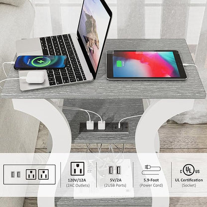 End Tables Living Room Set of 2,Grey End Table with Charging Station,Grey Side Table, Nightstand for Bedroom, 3 Tier End Table with Storage Shelf for Living Room