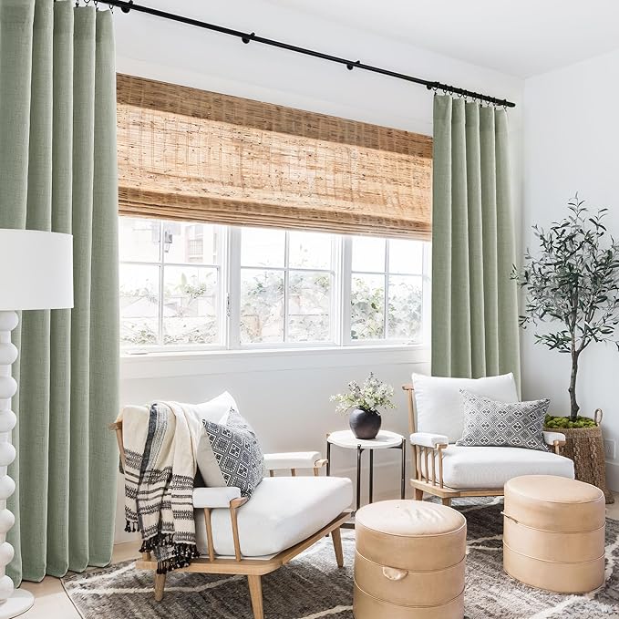 RYB HOME Linen Sheer Curtains and Drapes for Living Room 72 inches Length, Breathable Weave Textured/Rod Pocket Semi Sheer Curtains, Sage Green, W 52 x L 72 inches, 2 Panels Set