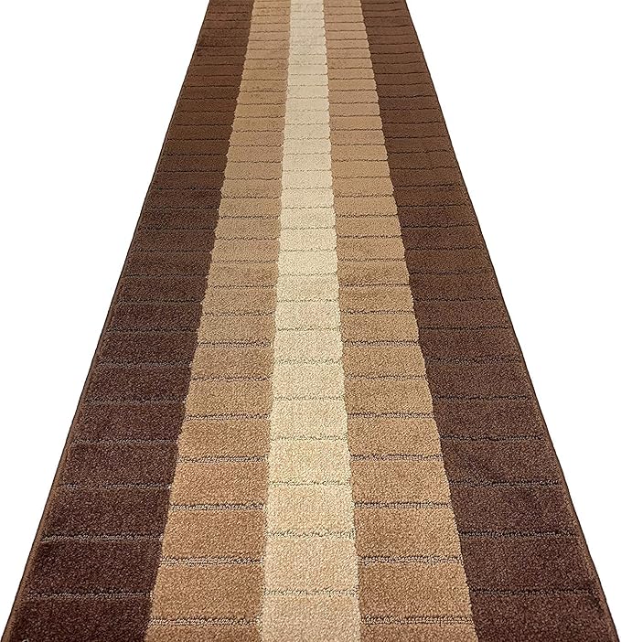 Custom Size Modern Geometric Pattern Carpet Runner Rug for Hallways, Slip Resistant Latex Rubber Backed, 31 inch Wide X Customized Length, Squares Brown, 31 inch X 24 feet