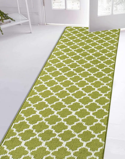Custom Size Moroccan Trellis Runner Rug Mat for Wide Hallway Entryway Kitchen Laundry Room with Slip Resistant Latex Rubber Backing, Trellis Green, 31 inch X 15 feet