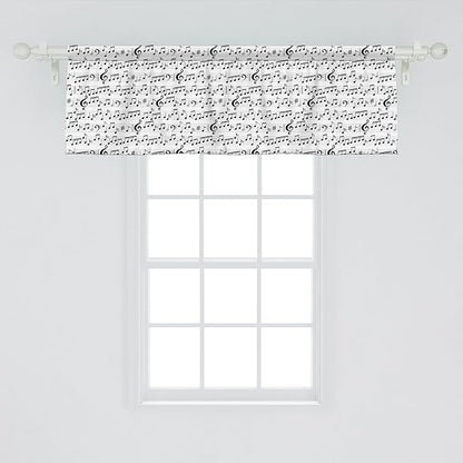 Ambesonne Music Window Valance Pack of 2, Abstract Style Professional Pattern Notes and Clef Sheet Play Writing Print, Rod Pocket Curtain Valances for Kitchen Bedroom, 54" X 18", Black White