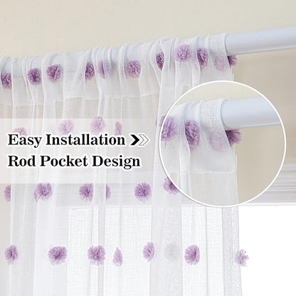 MYSKY HOME 108 Inch Curtains for Living Room Extra Long Purple Pom Pom Curtains for Bedroom 2 Sets Large White Sheer Curtains for Sliding Door Rod Pocket Backdrops Window Drapes 52 x 108 in