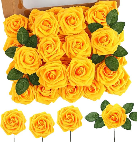 MACTING Artificial Yellow Rose Flowers 30PCS Real Touch Foam Roses with Stem Fake Flowers for DIY Table Centerpieces Bouquets Wedding Party Holiday Home Spring Mothers Day Decorations