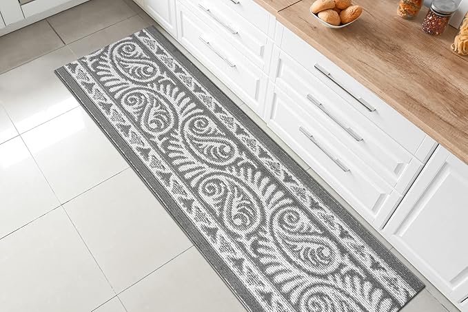 Custom Length Cut to Size Tribal Ethnic Southwestern Inspired Hallway Runner Rug, Non Slip Rubber Backed, 31 inch Wide X Customized Length, Mayan Grey, 31 inch X 9 feet