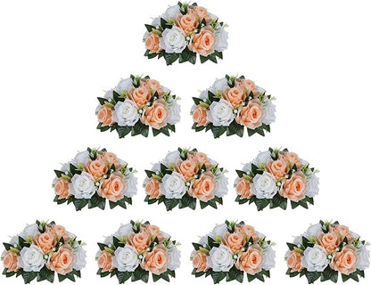 BLOSMON Flower Balls for Wedding Centerpieces: 10pcs Peach Fuzz 9.5 Inch Fake Rose Kissing Ball Decor Artificial Floral Arrangements Silk Bouquet with Base Home Party Room Table DIY Decorations