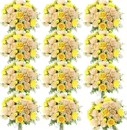 Geosar 16 Bundles Artificial Peonies Flowers Fake Silk Peony Bouquet Faux Peonies Flowers Bulk for Decoration Vase Floral Arrangements Wedding Party Table (Yellow,Champagne)