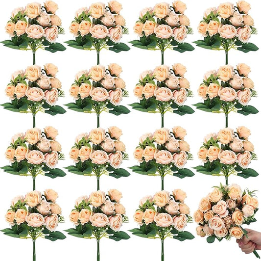Zeyune 16 Bunches 12 Inch Artificial Mini Rose Bouquet 160 Heads Bridal Flower Bouquets Fake Silk Rose Bulk for Wedding Bridal Shower Christmas Home Office Garden Decoration(Champagne)