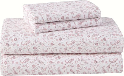 Laura Ashley - Flannel Sheets Queen Size, Anti-Pilling & Wrinkle Resistant Cotton, Touchably Soft for All-Season Comfort - Bed Sheets with Matching Pillowcases & Fitted Sheet (Paisley Prance Pink)
