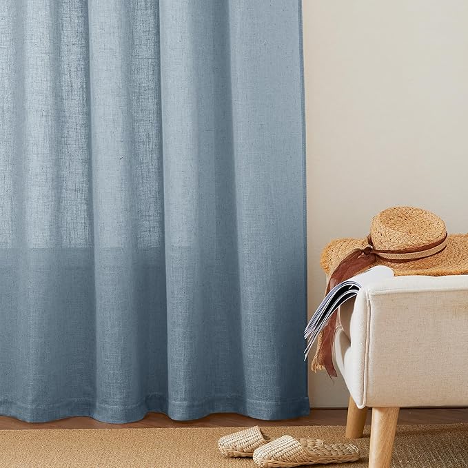 RYB HOME Privacy Sheer Curtains for Bedroom, Linen Blend Lightweight Breathable Burlap Curtains Back Tab Farmhouse Boho Rustic Decoration, Length 36 by Width 52 inch, Dusty Blue, 1 Pair