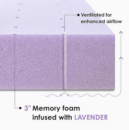 Mellow 3 Inch Ventilated Memory Foam Mattress Topper, Soothing Lavender Infusion, King