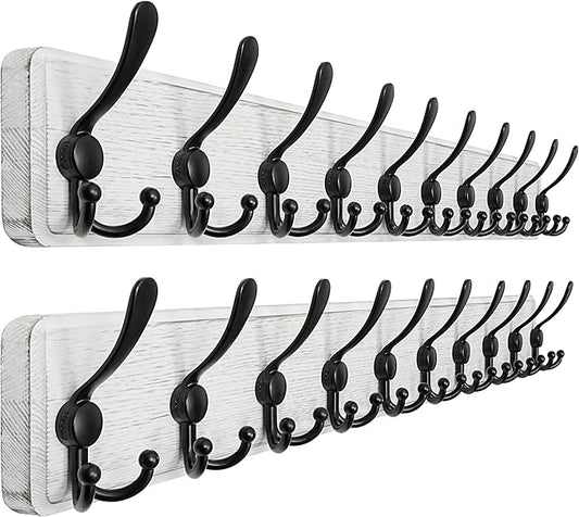 Dseap Coat Rack Wall - Heavy-Duty 38-1/4" Long, with Reinforced 10 Custom Tri-Hooks, Solid Wood Wall Hanger for Coats Hat Jackets - Rustic Farmhouse Entryway Storage, White & Black, Pack of 2