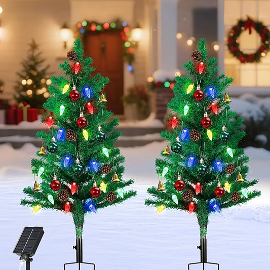 Lewondr Set of 2 Prelit Pathway Christmas Trees, 47.24" Outdoor Xmas Tree with 50 LED Strawberry Lights, Pine Cones Red Green Fruits, Solar and Type-C Powered Xmas Decor with Small Bells for Yard Home