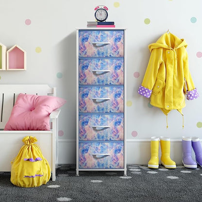 Sorbus Fabric Dresser for Kids Bedroom - Chest of 5 Drawers, Tall Storage Tower, Clothing Organizer, for Closet, for Playroom, for Nursery, Steel Frame, Fabric Bins - Wood Handle (Tie-dye Blue)