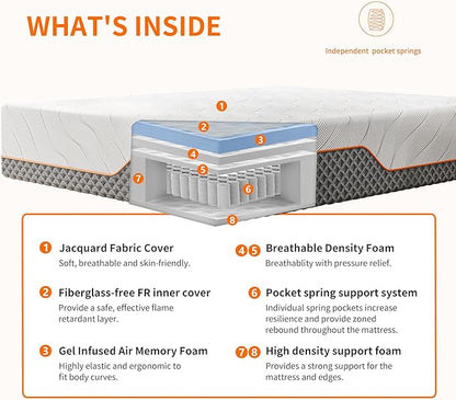ESHINE Adjustable Bed Frame + 12" Hybrid Mattress Twin XL(Medium) - Luxury Gel Memory Foam, Massage, Wireless Remote, USB, Under Bed Night Light, Head and Foot Incline, 3000 Series