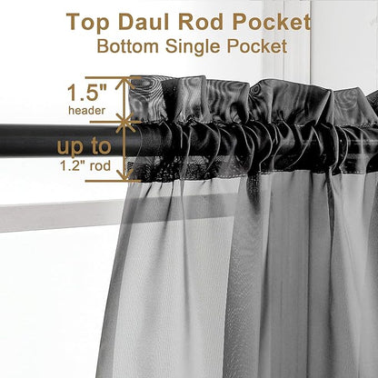 Chyhomenyc Black Sheer Curtains 30 inch Length 2 Panels, Light Filtering Voile Rod Pocket Short Window Curtians for Bathroom Living Room Farmhouse Small Windows, 42Wx30L inches