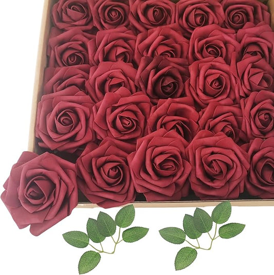 Artificial Flowers 25pcs Fake Roses, Burgundy Foam Rose Faux Flower for DIY Wedding Bouquets Bridal Shower Centerpieces Floral Arrangements Home Decorations Party Backdrops Table