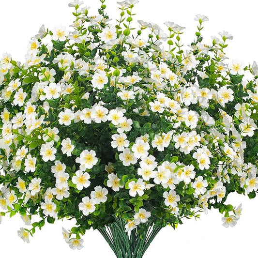 Outdoor Artificial Flowers UV Resistant & Fade Proof, 12 Pack Realistic Fake Flowers for Garden, Patio, Lawn Decor - Weatherproof Plastic Plants (White)