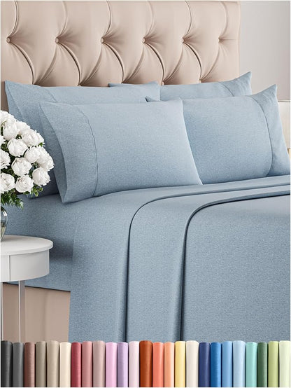 King 6 Piece Sheet Set - Comfy Breathable & Cooling - Soft Hotel Luxury Bedding Set with 8-16 Inch Deep Pockets - 1 Flat & 1 Fitted Sheet & 4 Pillowcases - Wrinkle Free & Easy Care - Heathered Blue