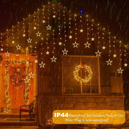 Star Curtain Lights for Bedroom - Plug-in 9ft 138 LED Fairy Twinkle Lights with 12 Star Drops, Connectable Window Lights with Remote 8 Lighting Modes for Indoor Xmas Ramadan Decoration, Warm White