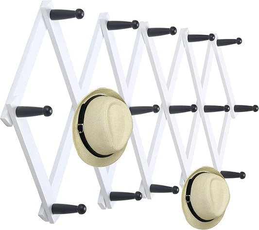 WEBI Accordion Wall Hanger,Expandable Wooden Coat Rack Wall Mounted,Accordion Hat Rack for Wall,Accordion Hook Rack for Hats,Caps,16 Peg Hooks,Black on White