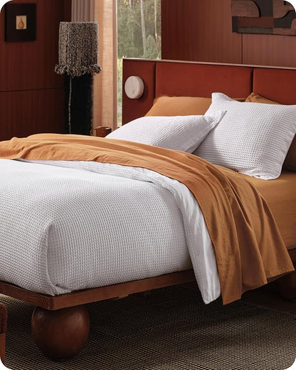 Bedsure Cotton Duvet Cover Queen - 100% Cotton Waffle Weave Bright White Duvet Cover Queen Size, GentleSoft™ and Breathable Bedding Set for All Season, 3 Pieces, 90"x90"