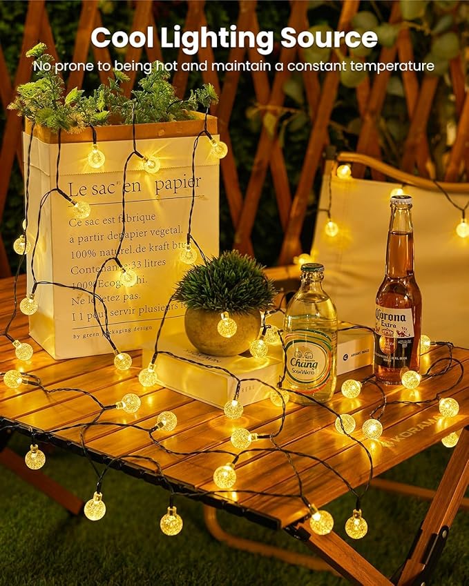 Solar String Lights Outdoor 60 LED 36FT with 8 Lighting Modes, Waterproof Solar Powered Crystal Globe Patio Lights for Garden Yard Porch Wedding Party Decor (Warm White)