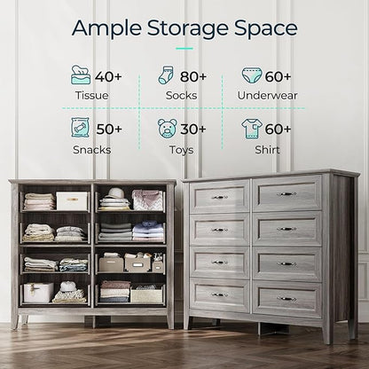 LINSY HOME Farmhouse 8-Drawer Dresser - Grey Chest of Drawers for Bedroom and Living Room Organization, Wood Dresser with Ample Storage Space and Rustic Charm