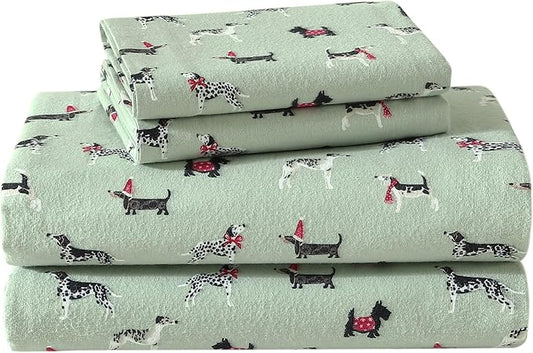 Laura Ashley - Flannel Sheets Twin Size, Anti-Pilling & Wrinkle Resistant Cotton, Touchably Soft for All-Season Comfort - Bed Sheets with Matching Pillowcase & Fitted Sheet (Holiday Pups Green)