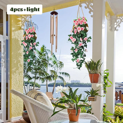 RECUTMS 4pcs Hanging Rose Flower Artificial Plants 32-in Fake Ivy Vine with 30 LED Fairy String Lights Outdoor UV Resistant Plastic Roses for Home Room Wedding Decor (Champagne)
