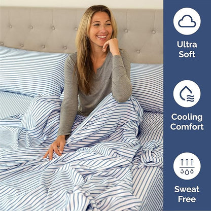 Queen Size 4 Piece Sheet Set - Comfy Breathable & Cooling Bed Sheets Set - Hotel Luxury Bedding for Women, Men, Kids, Teens, Boys & Girls - Deep Pockets, Soft, Wrinkle Free - Oeko-Tex - Blue Stripes 2